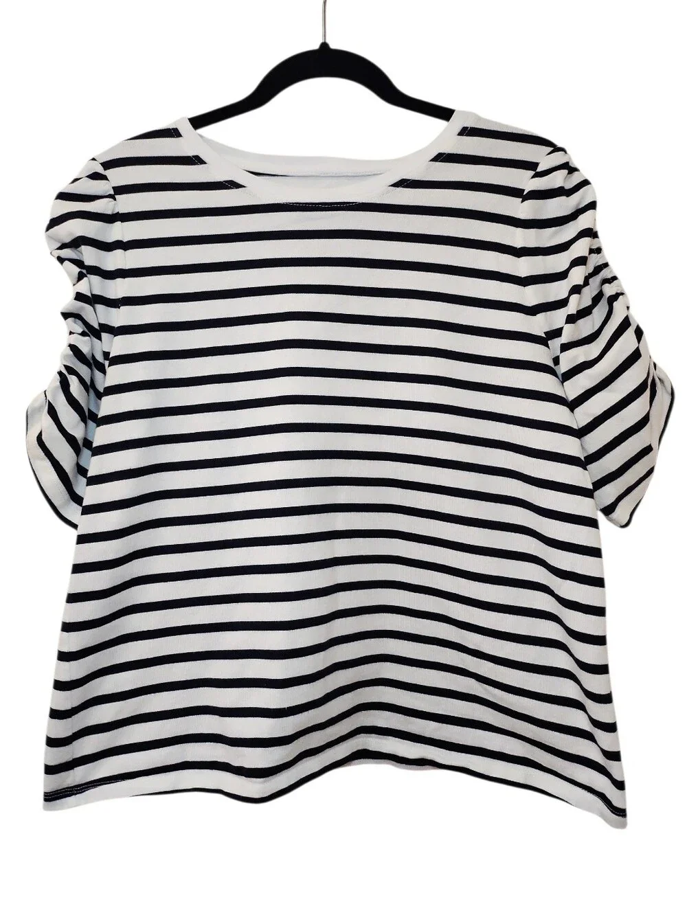 Kate Spade Black & White Striped Ruched Short Sleeves Size XL